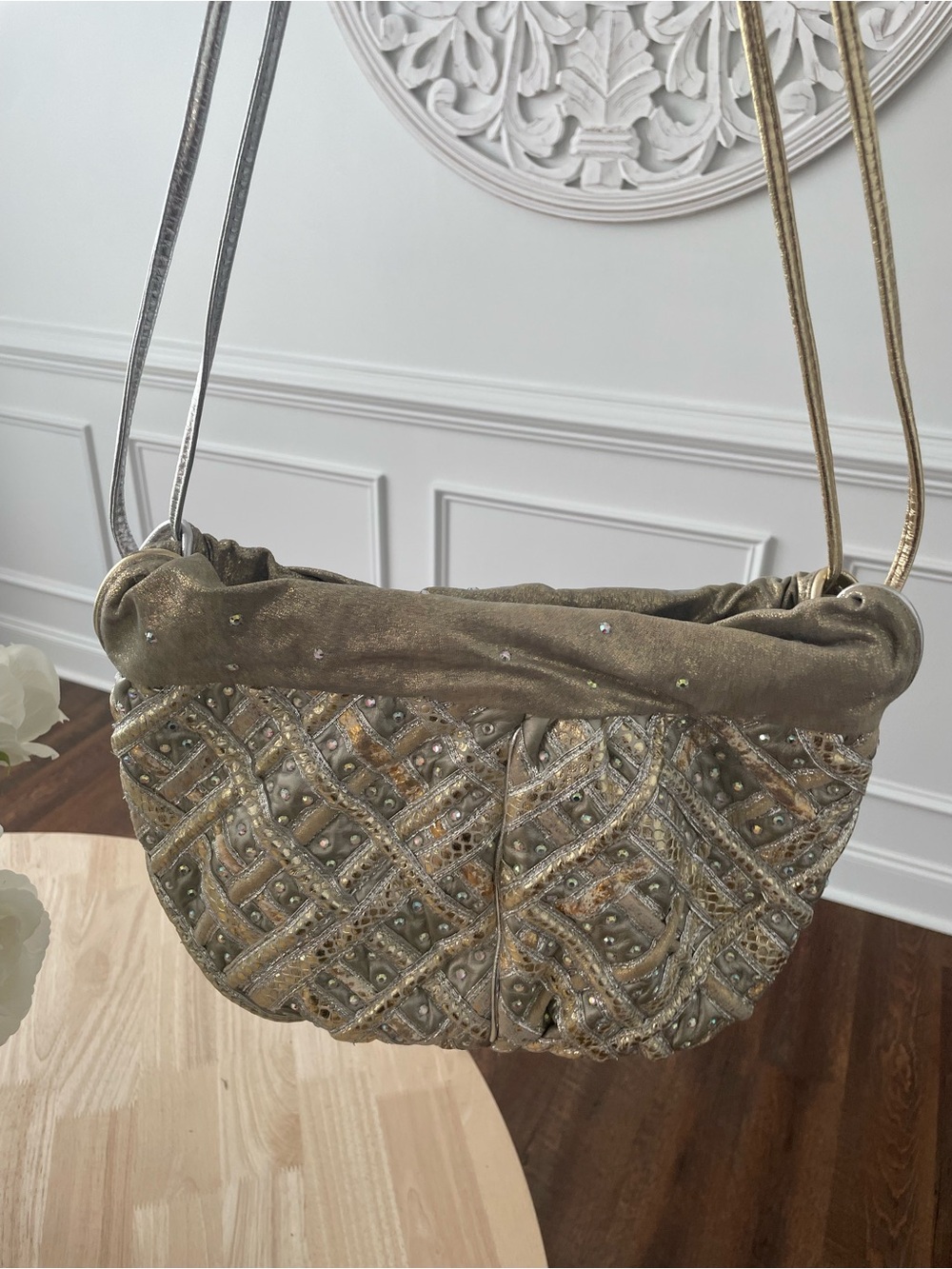 Gold Embellished Shoulder Bag with Metallic Strap